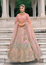 Thumbnail for Monjolika Fashion Dusty Pink And Grey Silk Bridal With Thread And Moti Work Lehenga