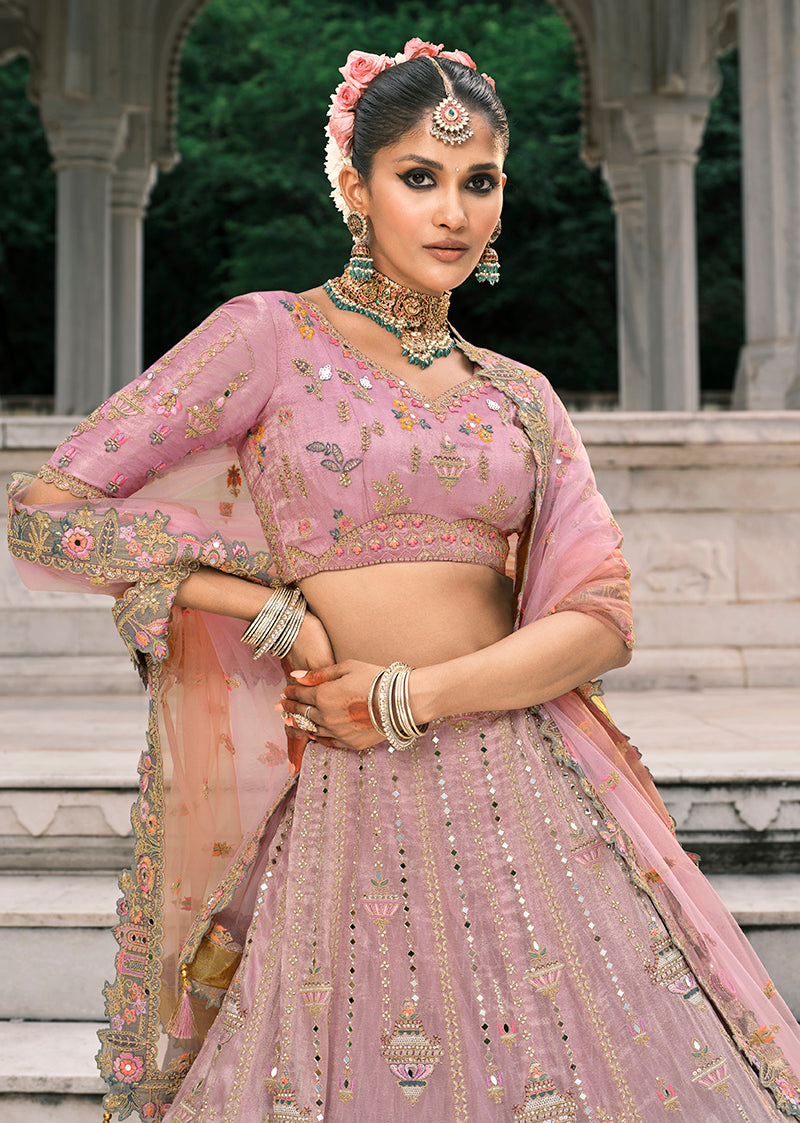 Monjolika Fashion Dusty Pink And Grey Silk Bridal With Thread And Moti Work Lehenga