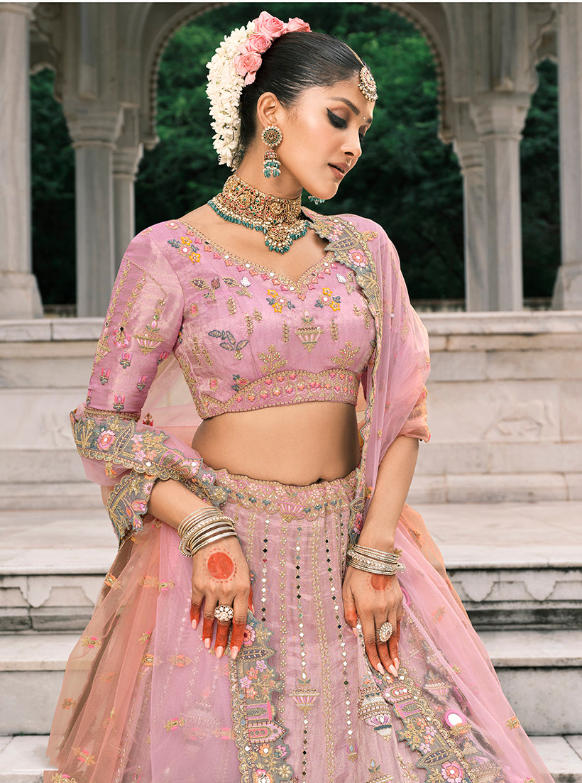 Monjolika Fashion Dusty Pink And Grey Silk Bridal With Thread And Moti Work Lehenga
