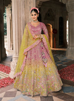 Thumbnail for Monjolika Fashion Onion Pink And Green Silk Bridal With Mirror And Resham Embroidery Lehenga - Distacart