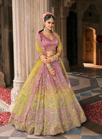 Thumbnail for Monjolika Fashion Onion Pink And Green Silk Bridal With Mirror And Resham Embroidery Lehenga - Distacart