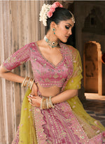 Thumbnail for Monjolika Fashion Onion Pink And Green Silk Bridal With Mirror And Resham Embroidery Lehenga - Distacart