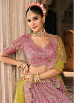 Thumbnail for Monjolika Fashion Onion Pink And Green Silk Bridal With Mirror And Resham Embroidery Lehenga - Distacart