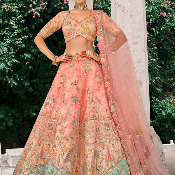 Monjolika Fashion Peach Silk Bridal With Thread Embroidery And Stone Work Lehenga - Distacart