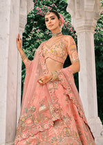 Thumbnail for Monjolika Fashion Peach Silk Bridal With Thread Embroidery And Stone Work Lehenga - Distacart