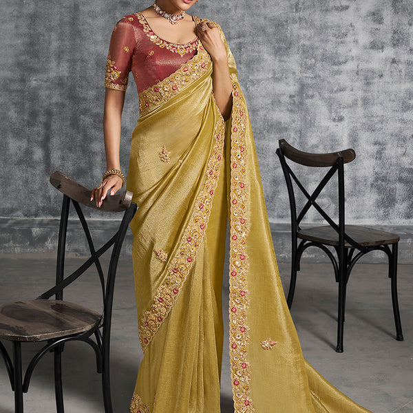Monjolika Fashion Mustard Tissue Traditional Saree with Embroidered, Resham and Thread Work for Ceremonial - Distacart