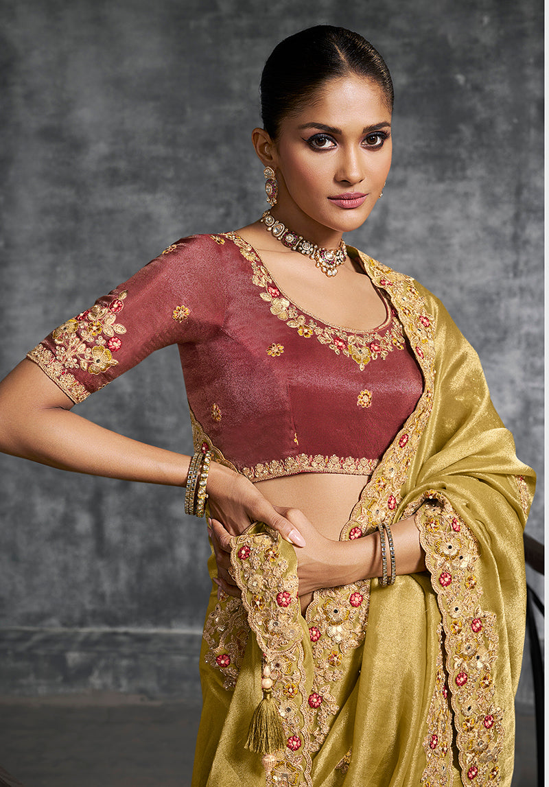 Monjolika Fashion Mustard Tissue Traditional Saree with Embroidered, Resham and Thread Work for Ceremonial