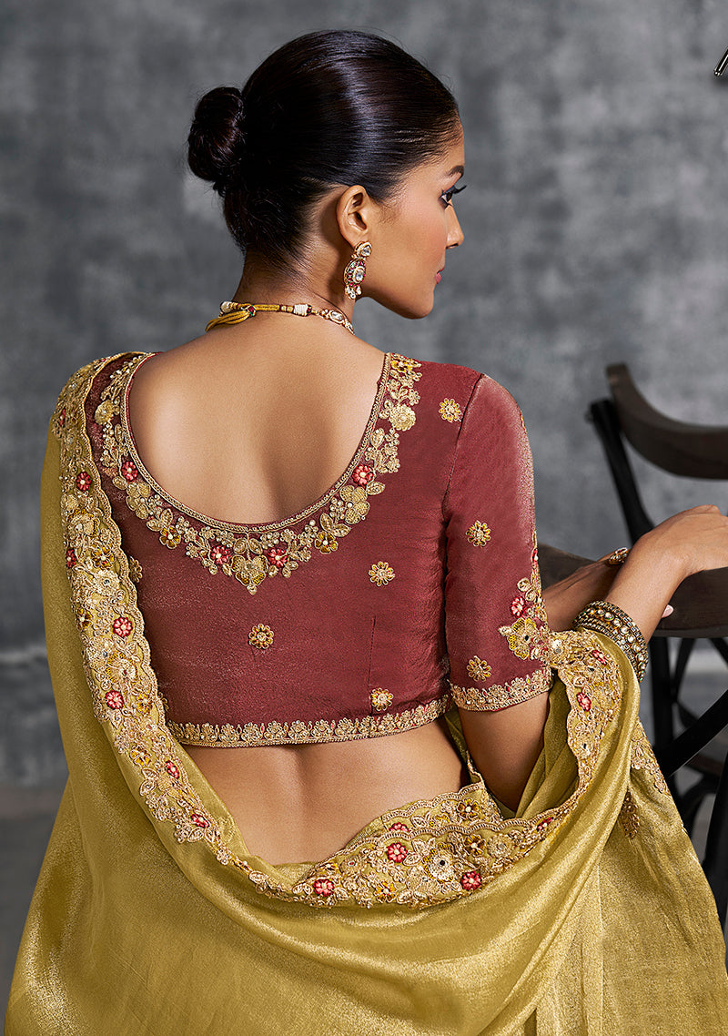 Monjolika Fashion Mustard Tissue Traditional Saree with Embroidered, Resham and Thread Work for Ceremonial