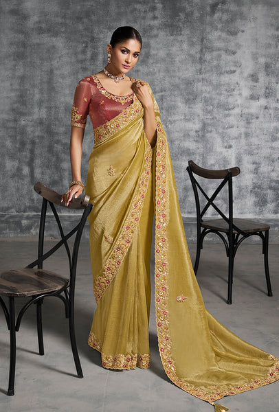 Monjolika Fashion Mustard Tissue Traditional Saree with Embroidered, Resham and Thread Work for Ceremonial