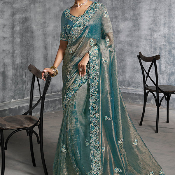 Monjolika Fashion Teal Blue Tissue Traditional Saree with Embroidered, Resham and Thread Work for Ceremonial - Distacart