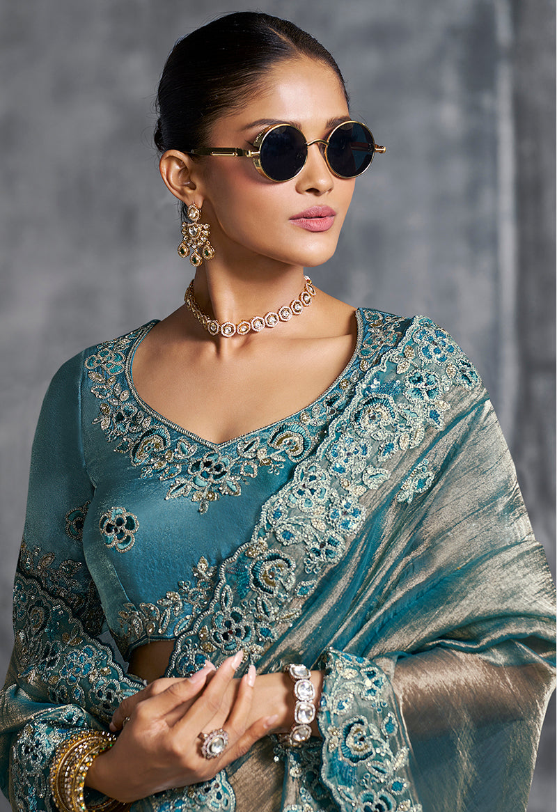 Monjolika Fashion Teal Blue Tissue Traditional Saree with Embroidered, Resham and Thread Work for Ceremonial