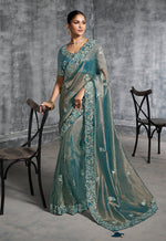 Thumbnail for Monjolika Fashion Teal Blue Tissue Traditional Saree with Embroidered, Resham and Thread Work for Ceremonial