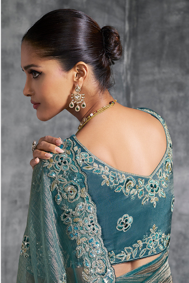 Monjolika Fashion Teal Blue Tissue Traditional Saree with Embroidered, Resham and Thread Work for Ceremonial