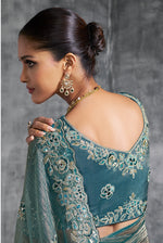 Thumbnail for Monjolika Fashion Teal Blue Tissue Traditional Saree with Embroidered, Resham and Thread Work for Ceremonial