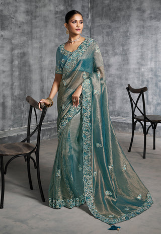 Monjolika Fashion Teal Blue Tissue Traditional Saree with Embroidered, Resham and Thread Work for Ceremonial