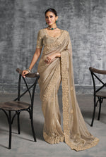 Thumbnail for Monjolika Fashion Beige Tissue Traditional Saree with Embroidered, Resham and Thread Work for Ceremonial