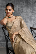 Thumbnail for Monjolika Fashion Beige Tissue Traditional Saree with Embroidered, Resham and Thread Work for Ceremonial