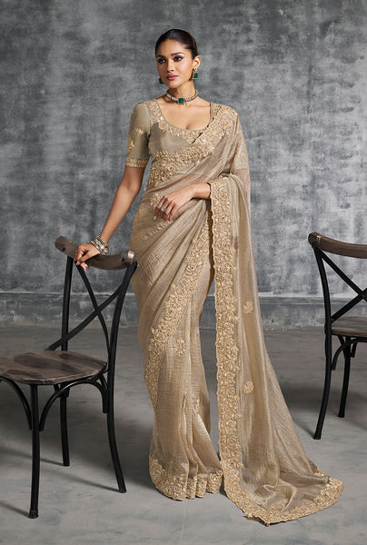 Monjolika Fashion Beige Tissue Traditional Saree with Embroidered, Resham and Thread Work for Ceremonial