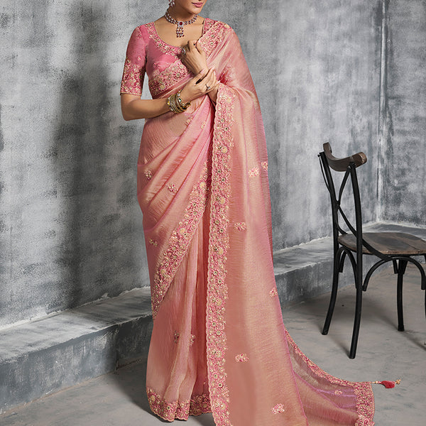Monjolika Fashion Light Pink Tissue Traditional Saree with Embroidered, Resham and Thread Work for Ceremonial - Distacart