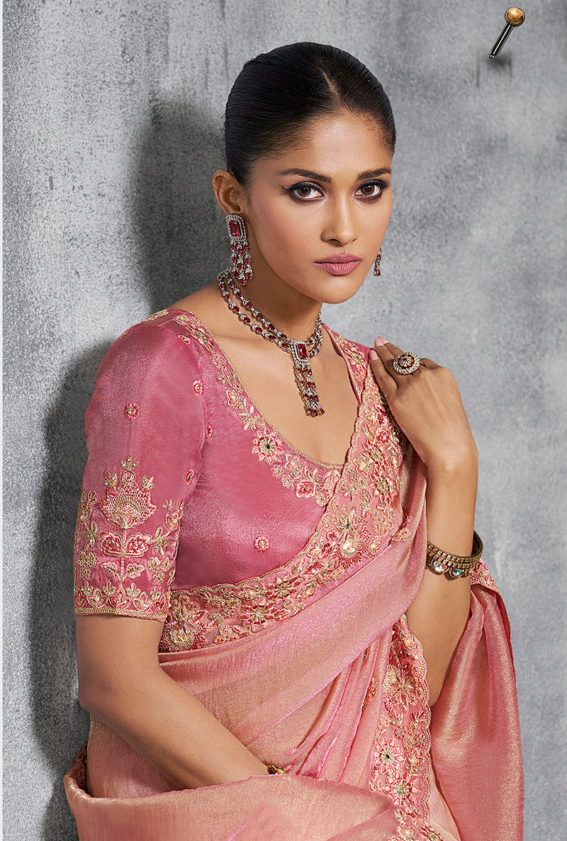 Monjolika Fashion Light Pink Tissue Traditional Saree with Embroidered, Resham and Thread Work for Ceremonial
