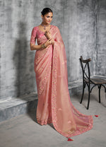 Thumbnail for Monjolika Fashion Light Pink Tissue Traditional Saree with Embroidered, Resham and Thread Work for Ceremonial