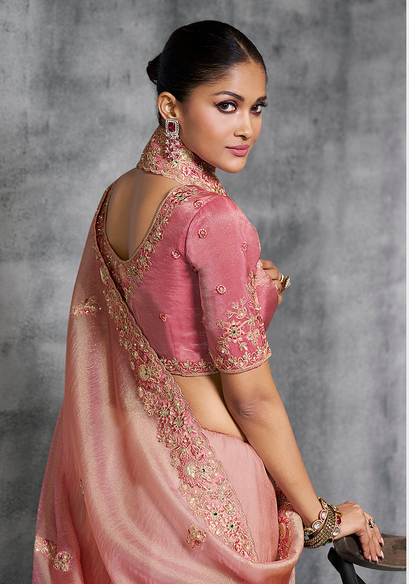 Monjolika Fashion Light Pink Tissue Traditional Saree with Embroidered, Resham and Thread Work for Ceremonial
