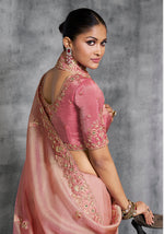 Thumbnail for Monjolika Fashion Light Pink Tissue Traditional Saree with Embroidered, Resham and Thread Work for Ceremonial