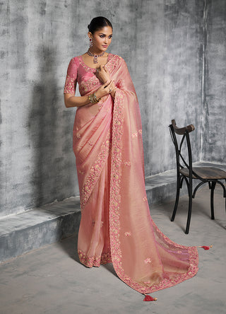 Monjolika Fashion Light Pink Tissue Traditional Saree with Embroidered, Resham and Thread Work for Ceremonial