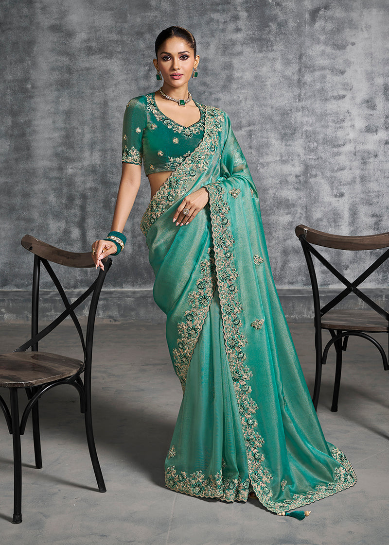 Monjolika Fashion Turquoise Tissue Traditional Saree with Embroidered, Resham and Thread Work for Ceremonial