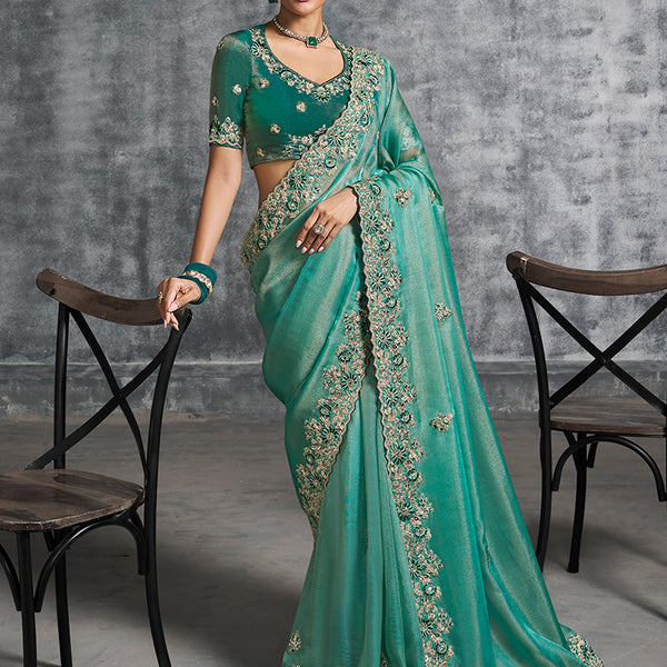 Monjolika Fashion Turquoise Tissue Traditional Saree with Embroidered, Resham and Thread Work for Ceremonial - Distacart