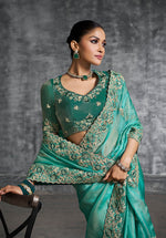 Thumbnail for Monjolika Fashion Turquoise Tissue Traditional Saree with Embroidered, Resham and Thread Work for Ceremonial