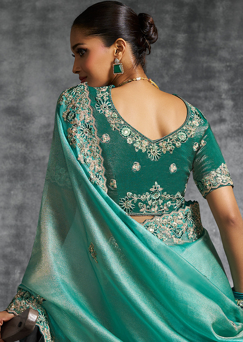 Monjolika Fashion Turquoise Tissue Traditional Saree with Embroidered, Resham and Thread Work for Ceremonial