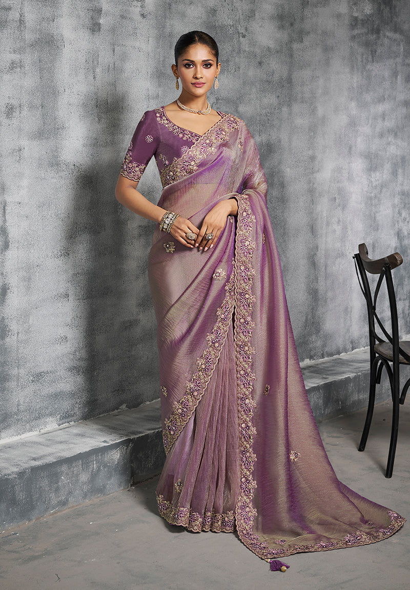 Monjolika Fashion Mauve Tissue Traditional Saree with Embroidered, Resham and Thread Work for Ceremonial