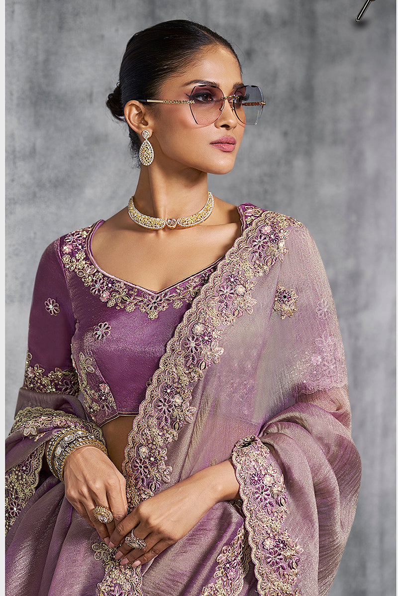 Monjolika Fashion Mauve Tissue Traditional Saree with Embroidered, Resham and Thread Work for Ceremonial