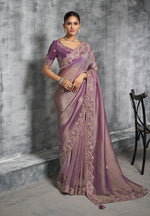 Thumbnail for Monjolika Fashion Mauve Tissue Traditional Saree with Embroidered, Resham and Thread Work for Ceremonial