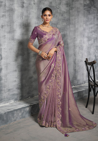 Monjolika Fashion Mauve Tissue Traditional Saree with Embroidered, Resham and Thread Work for Ceremonial