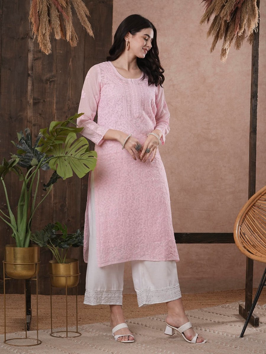 ADA Women Pink Chikankari Hand Embroidered Straight Kota Handloom Kurta With Matching Slip - Distacart