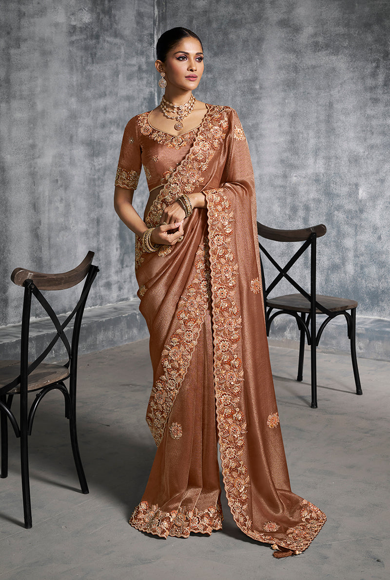 Monjolika Fashion Brown Tissue Traditional Saree with Embroidered, Resham and Thread Work for Ceremonial