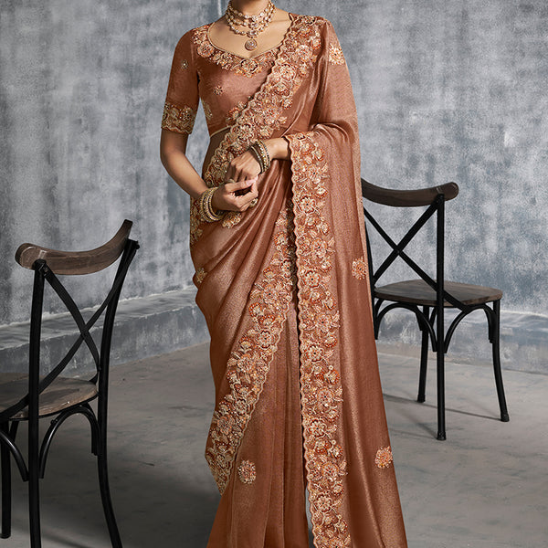 Monjolika Fashion Brown Tissue Traditional Saree with Embroidered, Resham and Thread Work for Ceremonial - Distacart
