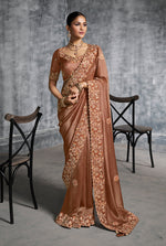 Thumbnail for Monjolika Fashion Brown Tissue Traditional Saree with Embroidered, Resham and Thread Work for Ceremonial