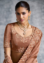 Thumbnail for Monjolika Fashion Brown Tissue Traditional Saree with Embroidered, Resham and Thread Work for Ceremonial