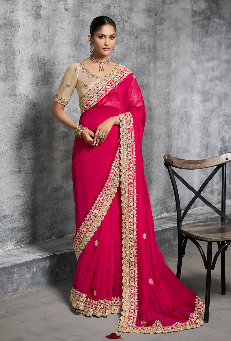 Monjolika Fashion Hot Pink Embroidered and Lace Work Rangoli Satin Contemporary Sari