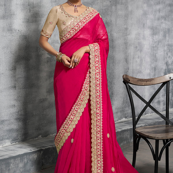 Monjolika Fashion Hot Pink Embroidered and Lace Work Rangoli Satin Contemporary Sari - Distacart