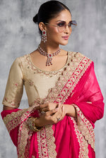 Thumbnail for Monjolika Fashion Hot Pink Embroidered and Lace Work Rangoli Satin Contemporary Sari