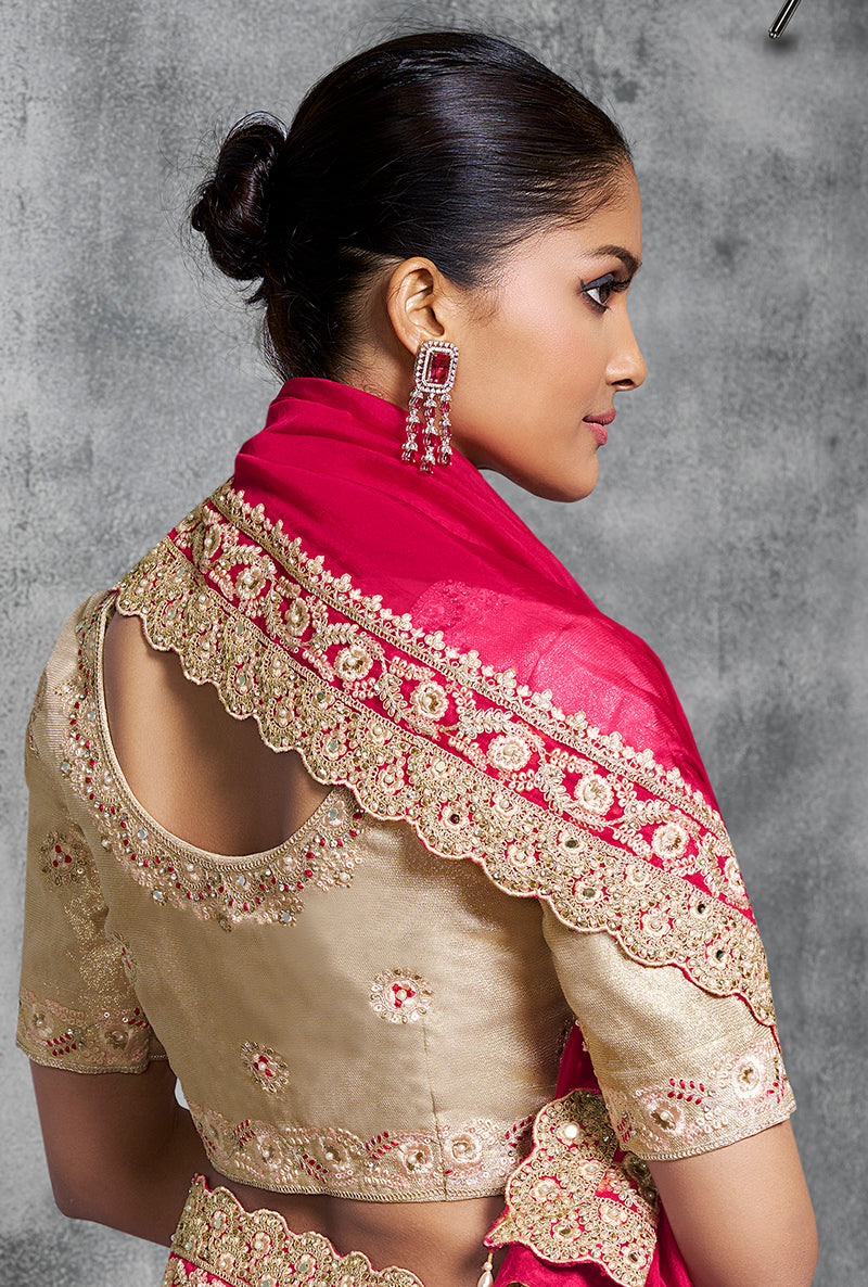 Monjolika Fashion Hot Pink Embroidered and Lace Work Rangoli Satin Contemporary Sari