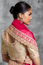 Thumbnail for Monjolika Fashion Hot Pink Embroidered and Lace Work Rangoli Satin Contemporary Sari