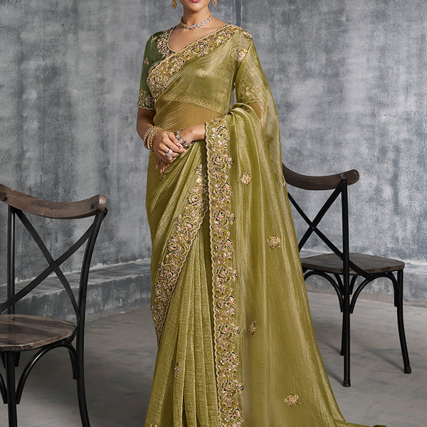 Monjolika Fashion Olive Green Tissue Traditional Saree with Embroidered, Resham and Thread Work for Ceremonial - Distacart