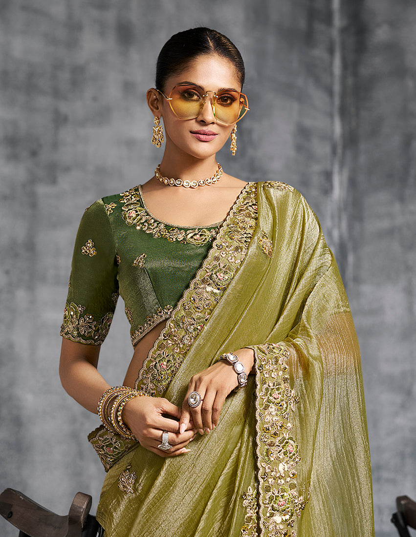 Monjolika Fashion Olive Green Tissue Traditional Saree with Embroidered, Resham and Thread Work for Ceremonial