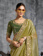 Thumbnail for Monjolika Fashion Olive Green Tissue Traditional Saree with Embroidered, Resham and Thread Work for Ceremonial