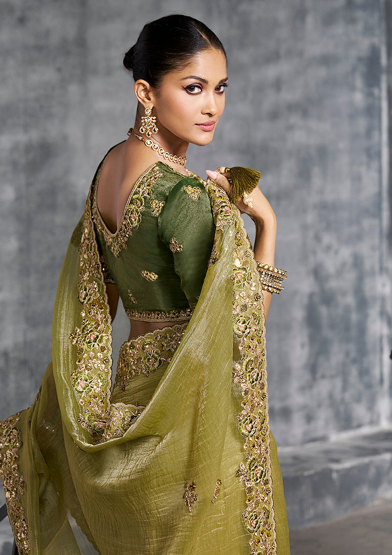 Monjolika Fashion Olive Green Tissue Traditional Saree with Embroidered, Resham and Thread Work for Ceremonial